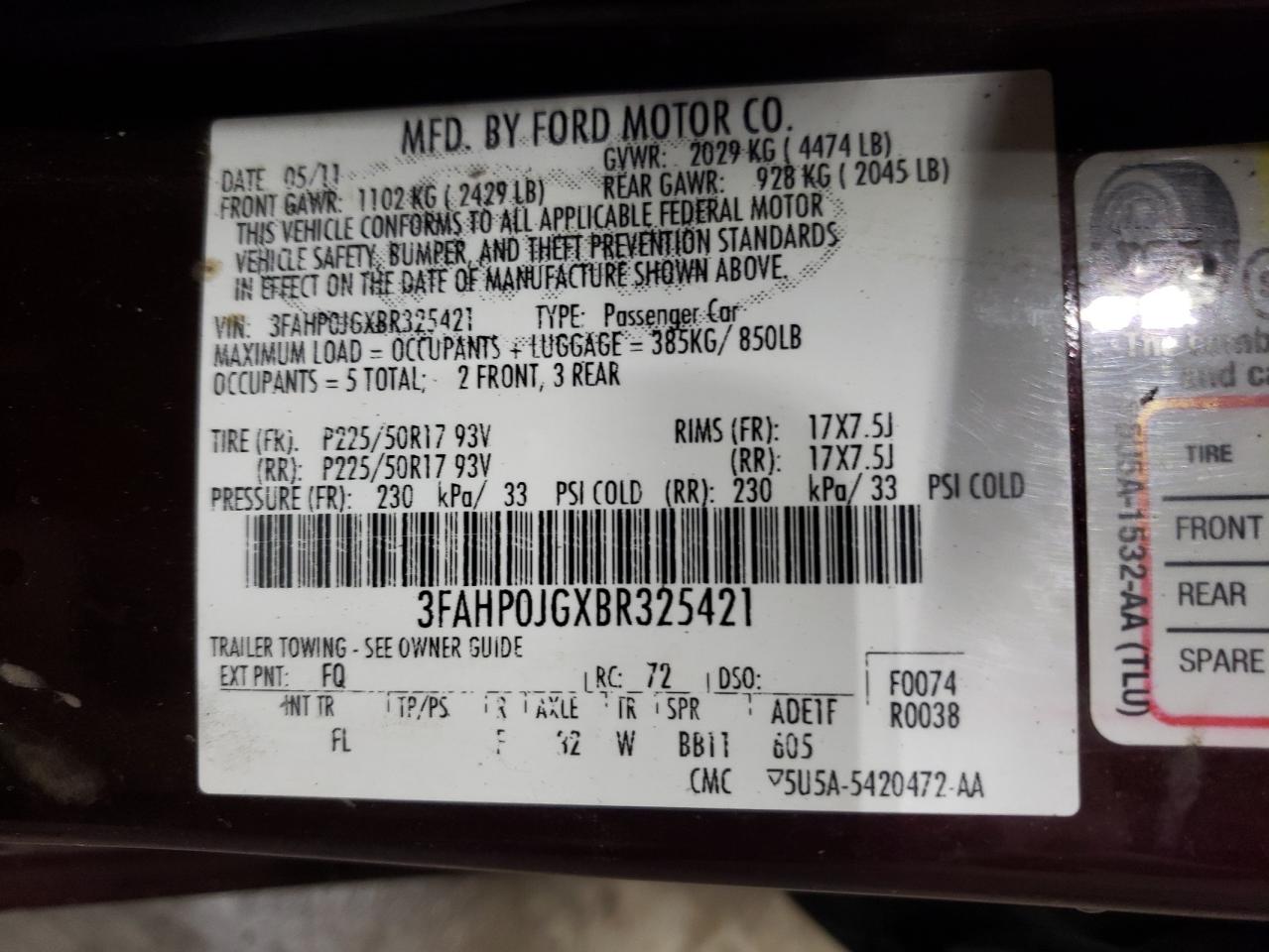 3FAHP0JGXBR325421 2011 Ford Fusion Sel