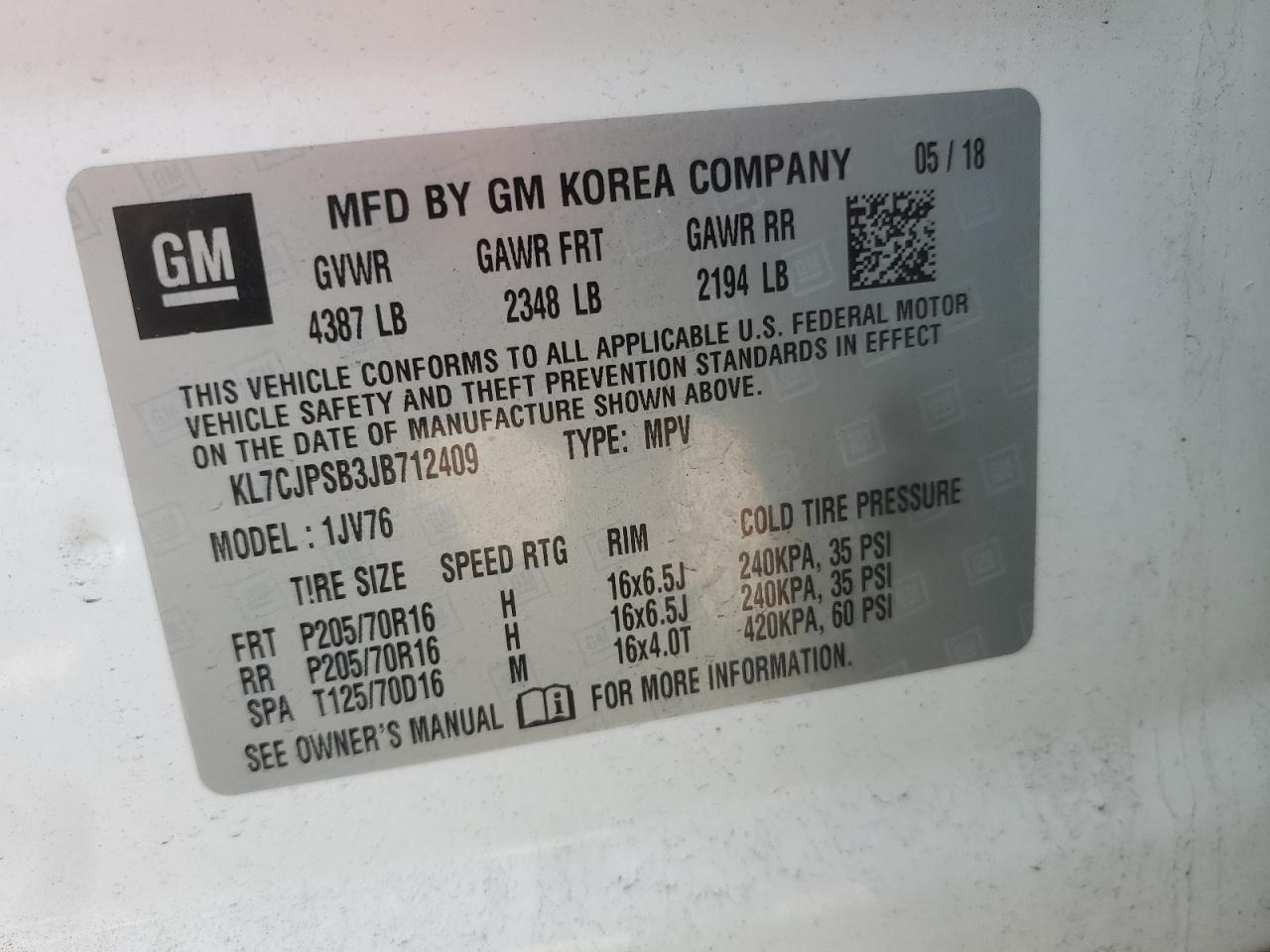 2018 Chevrolet Trax 1Lt VIN: KL7CJPSB3JB712409 Lot: 66307574