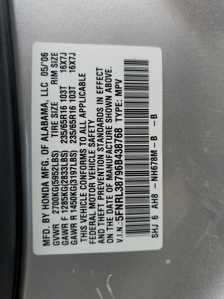 2006 Honda Odyssey Exl VIN: 5FNRL38796B438768 Lot: 63882394