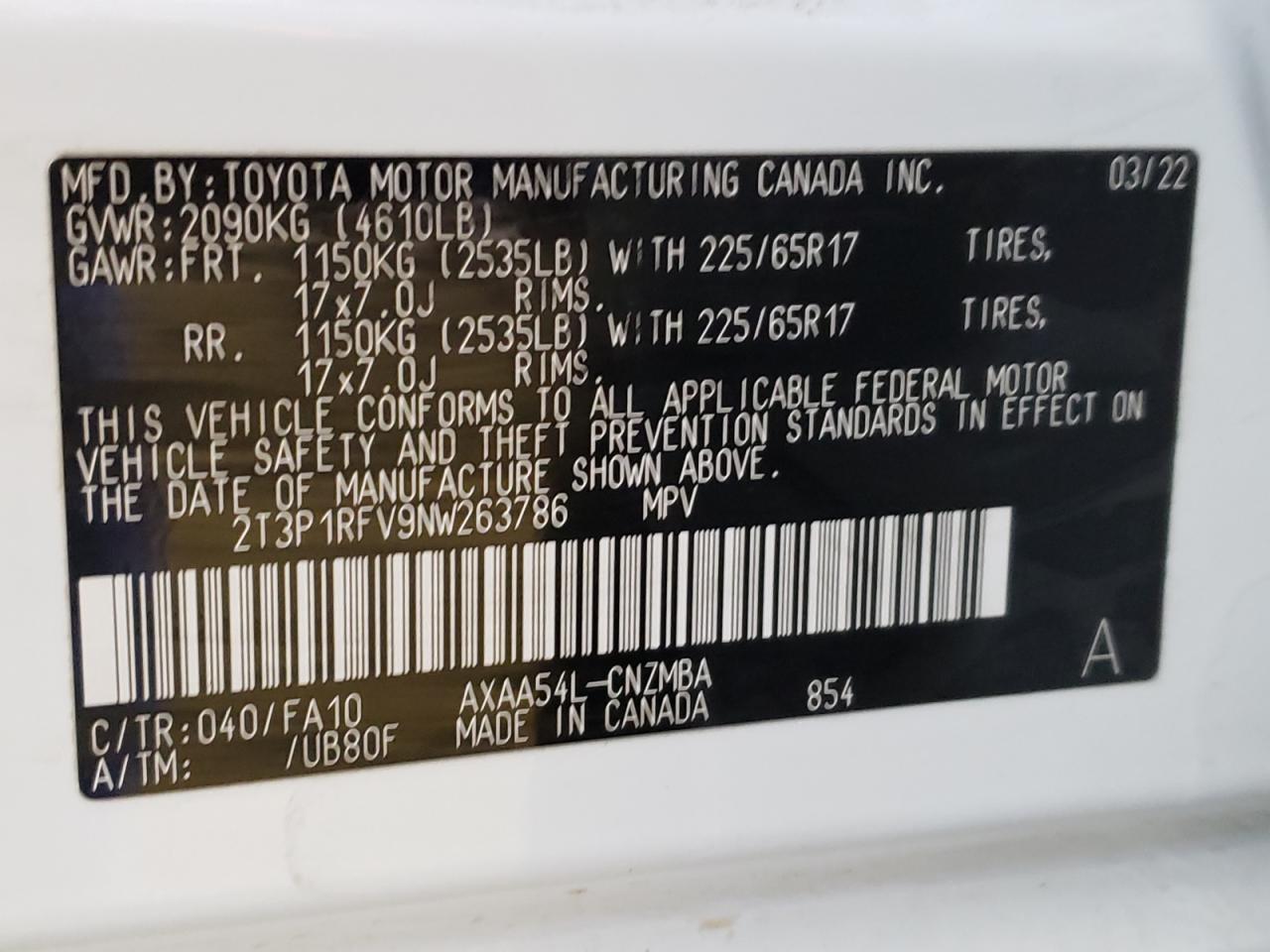 2022 Toyota Rav4 Xle VIN: 2T3P1RFV9NW263786 Lot: 66849614