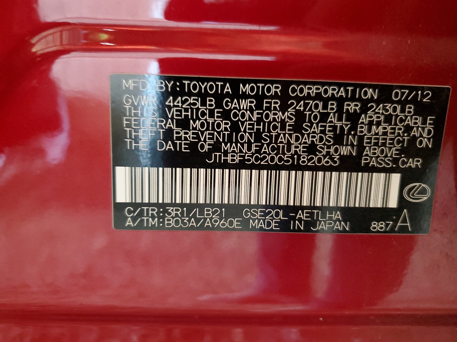 JTHBF5C20C5182063 2012 Lexus Is 250