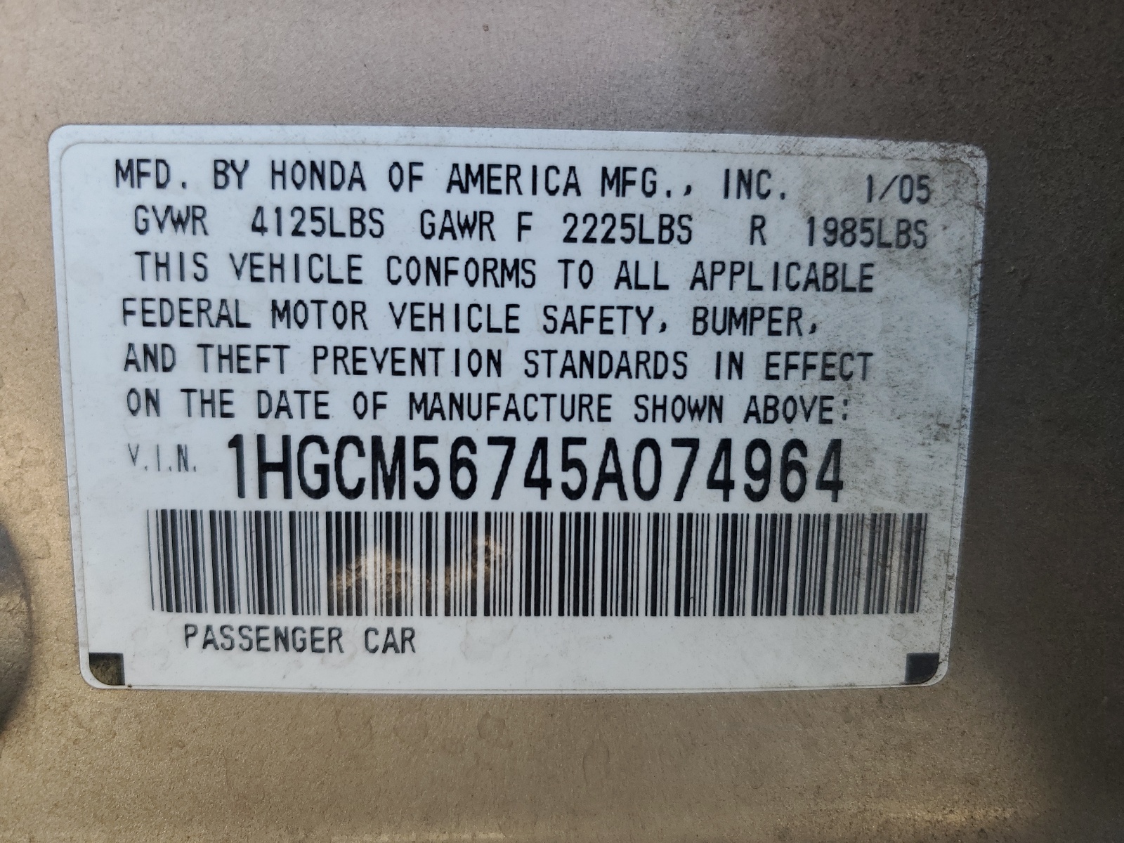1HGCM56745A074964 2005 Honda Accord Ex