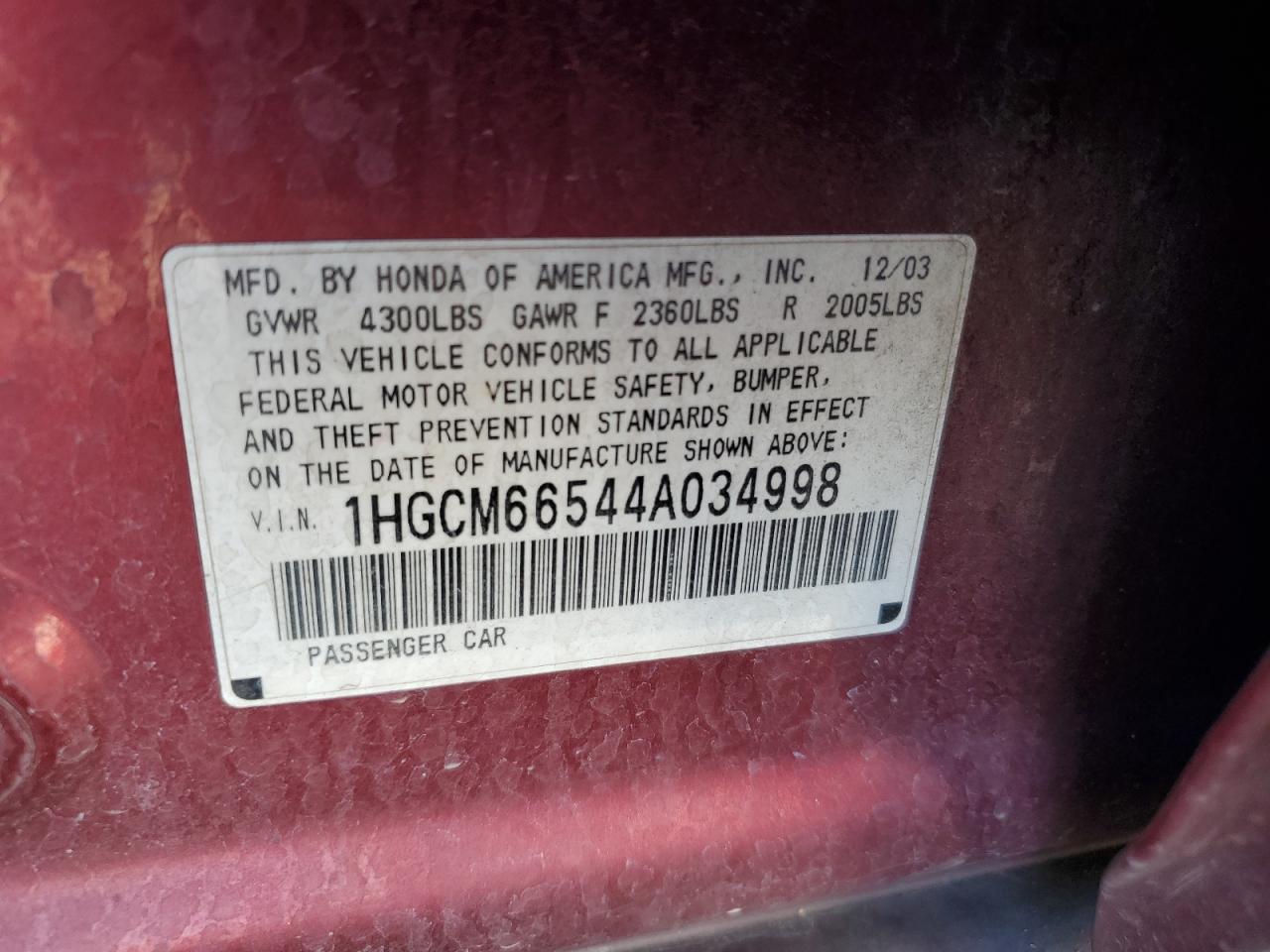 1HGCM66544A034998 2004 Honda Accord Ex