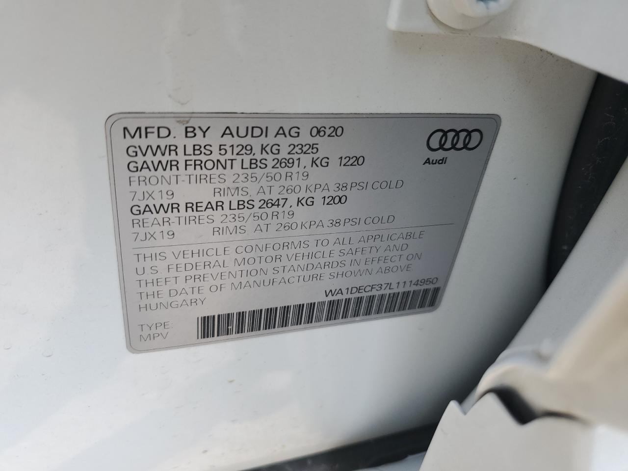 2020 Audi Q3 Premium S Line VIN: WA1DECF37L1114950 Lot: 64478804