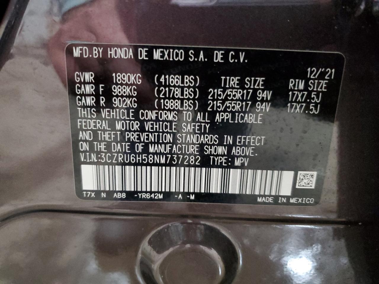 2022 Honda Hr-V Ex VIN: 3CZRU6H58NM737282 Lot: 66898874