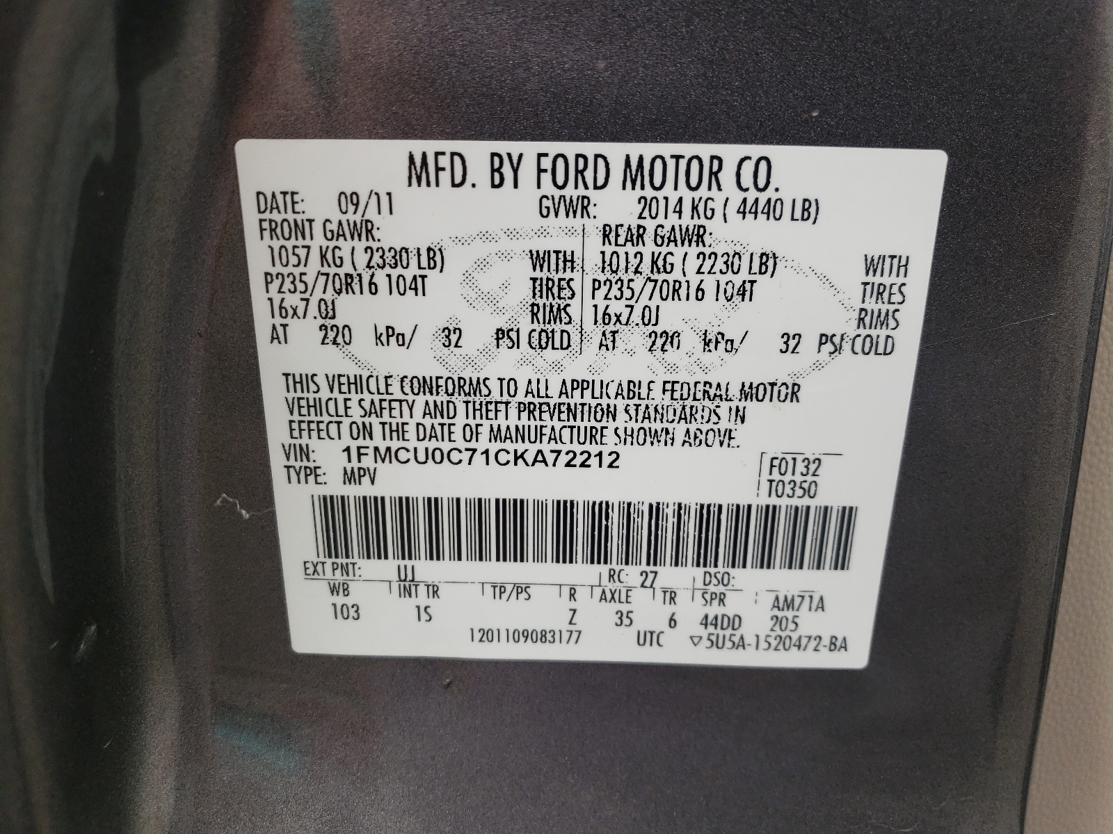 1FMCU0C71CKA72212 2012 Ford Escape Xls