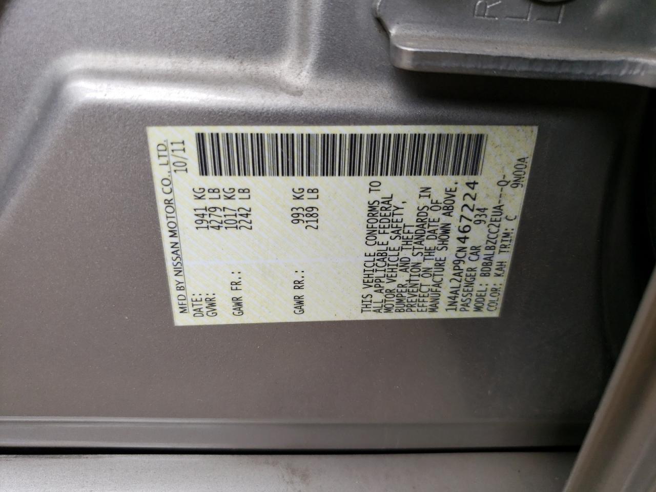 1N4AL2AP9CN467224 2012 Nissan Altima Base