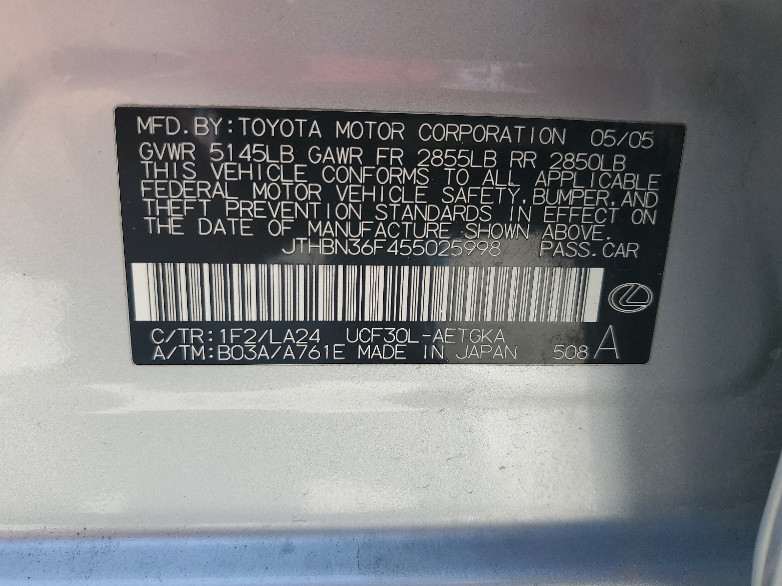 JTHBN36F455025998 2005 Lexus Ls 430