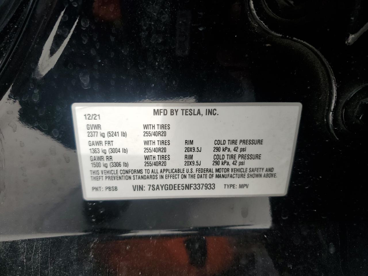 7SAYGDEE5NF337933 2022 Tesla Model Y