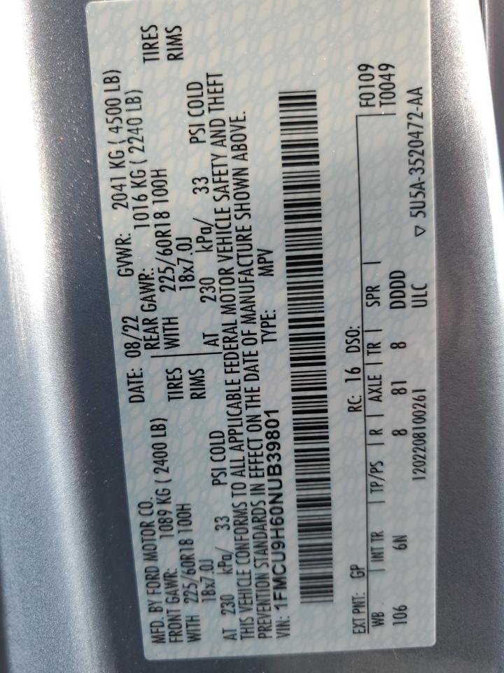 2022 Ford Escape Sel VIN: 1FMCU9H60NUB39801 Lot: 65553154