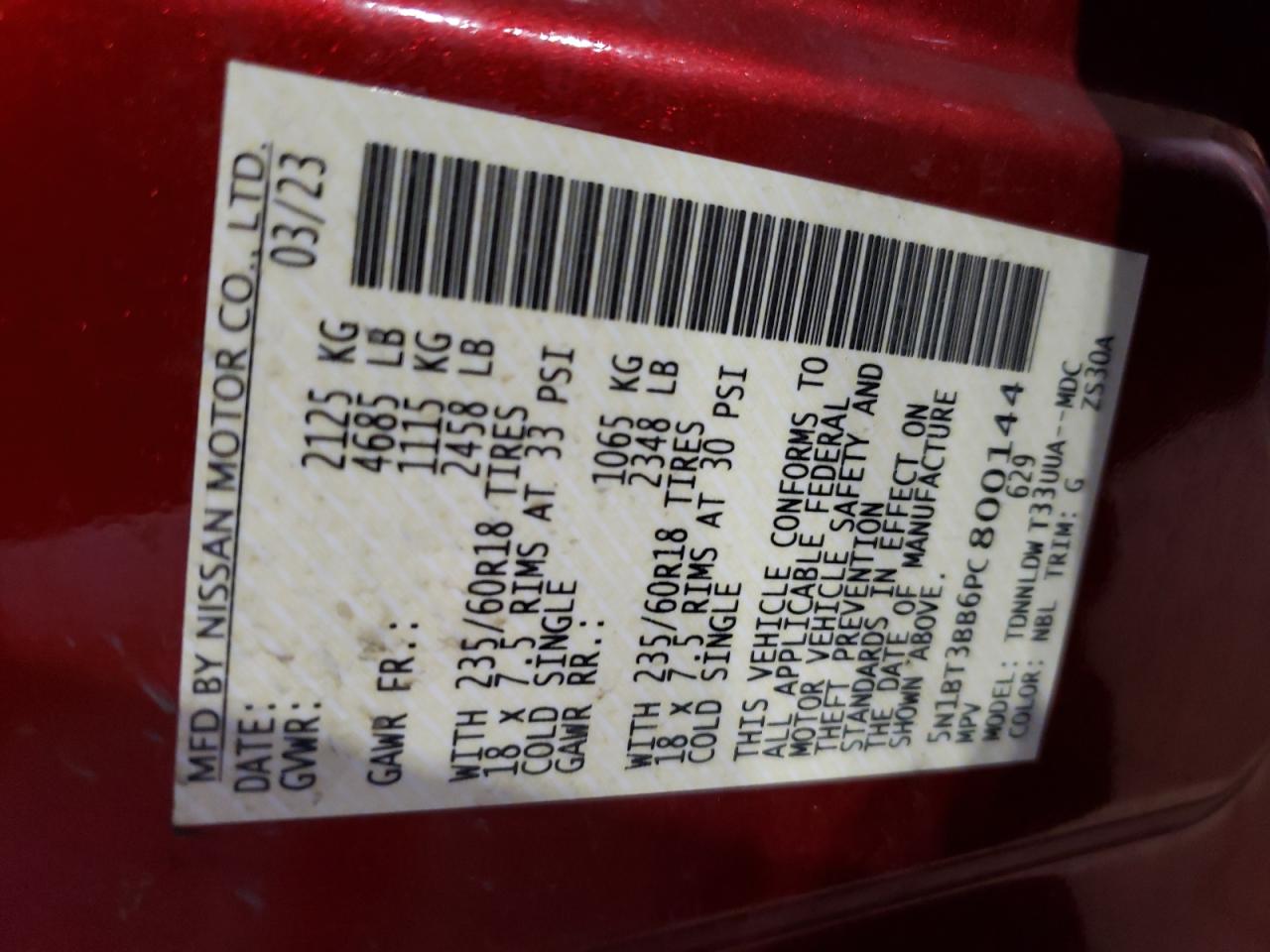 2023 Nissan Rogue Sv VIN: 5N1BT3BB6PC800144 Lot: 66190684