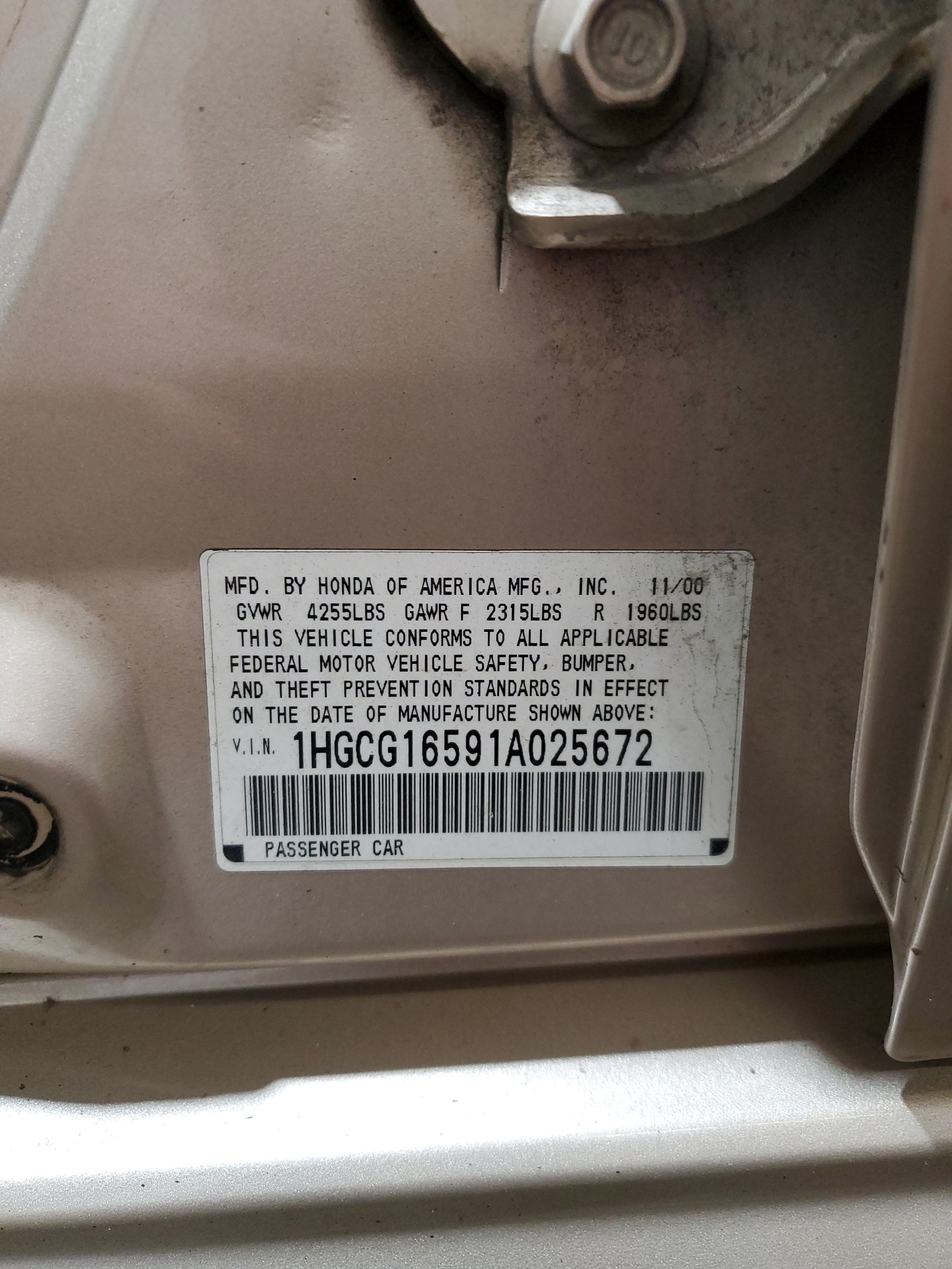 1HGCG16591A025672 2001 Honda Accord Ex