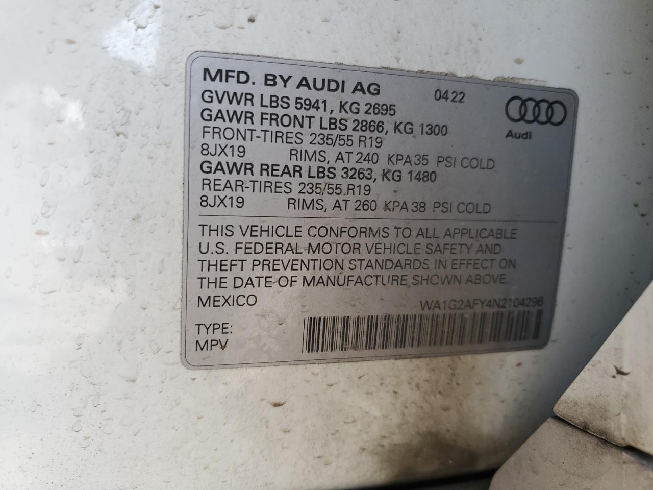 WA1G2AFY4N2104296 2022 Audi Q5 E Premium 55