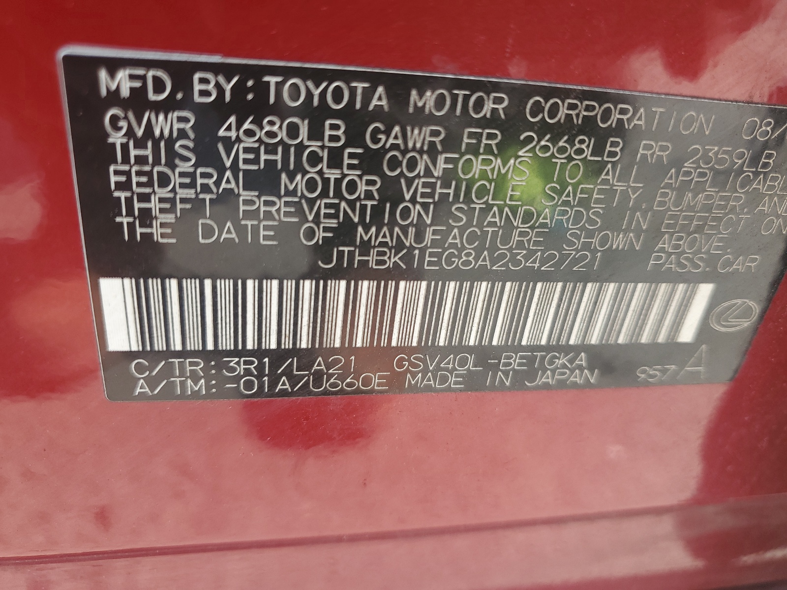 JTHBK1EG8A2342721 2010 Lexus Es 350