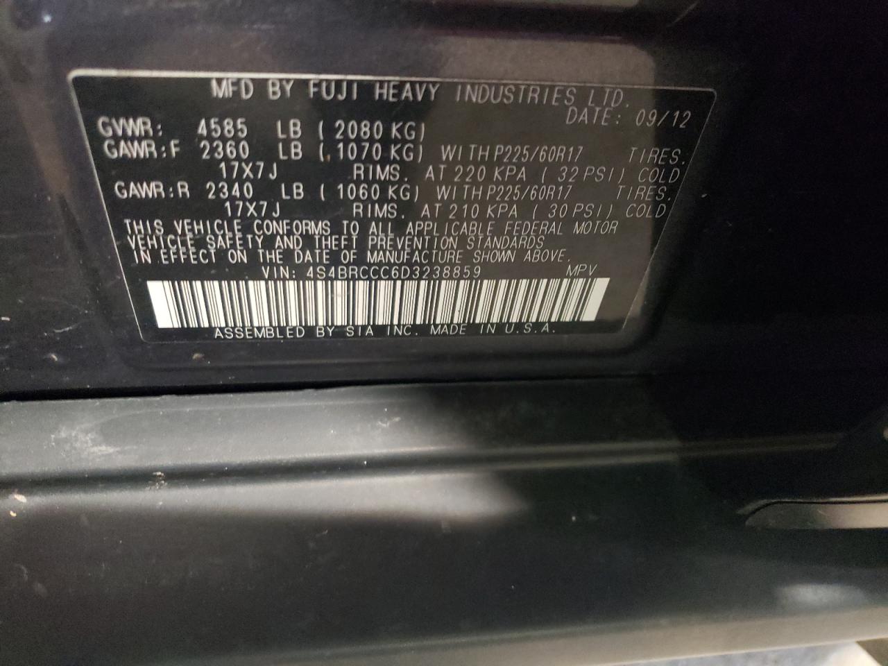 2013 Subaru Outback 2.5I Premium VIN: 4S4BRCCC6D3238859 Lot: 65516494