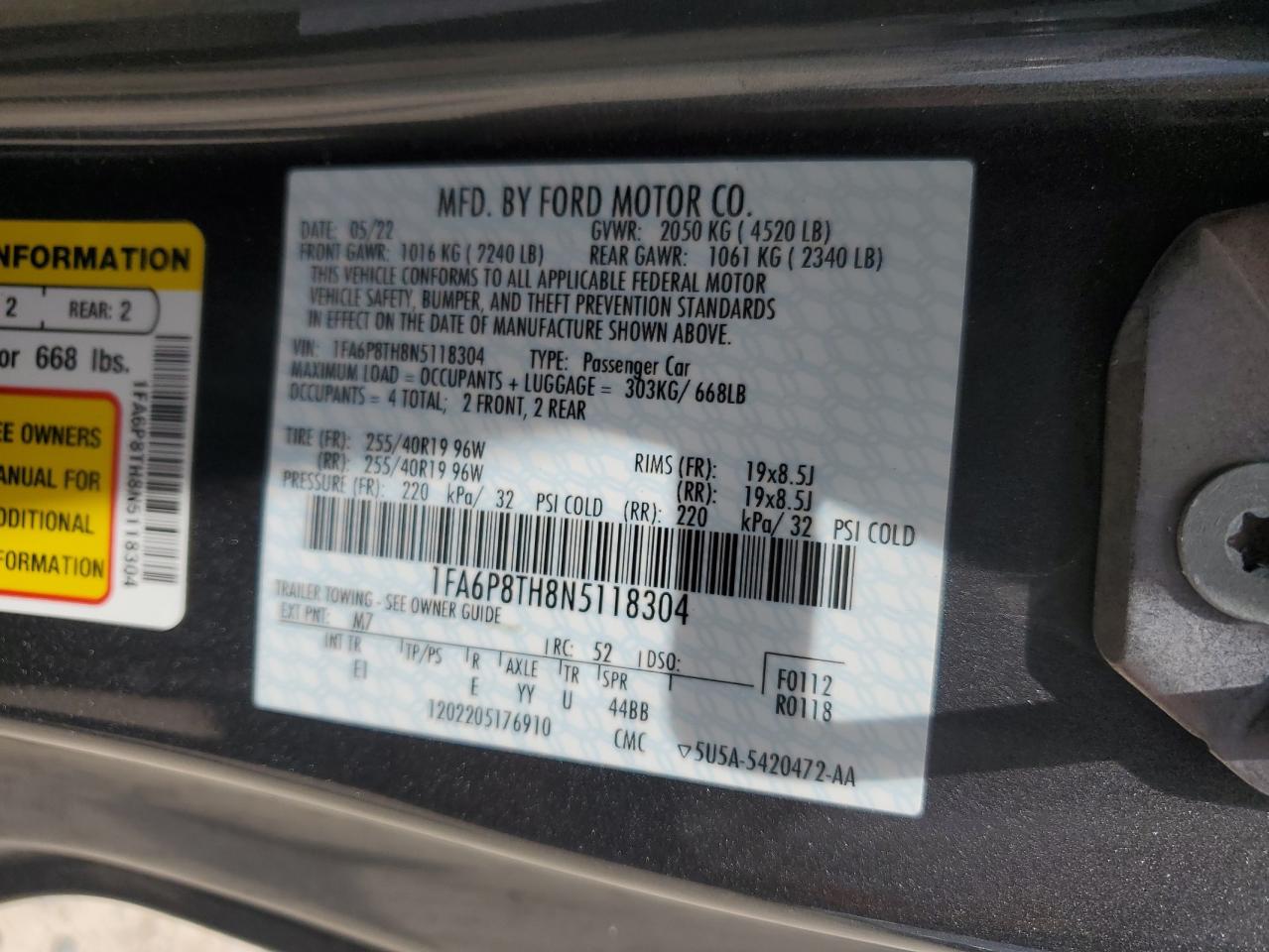 2022 Ford Mustang VIN: 1FA6P8TH8N5118304 Lot: 65432394