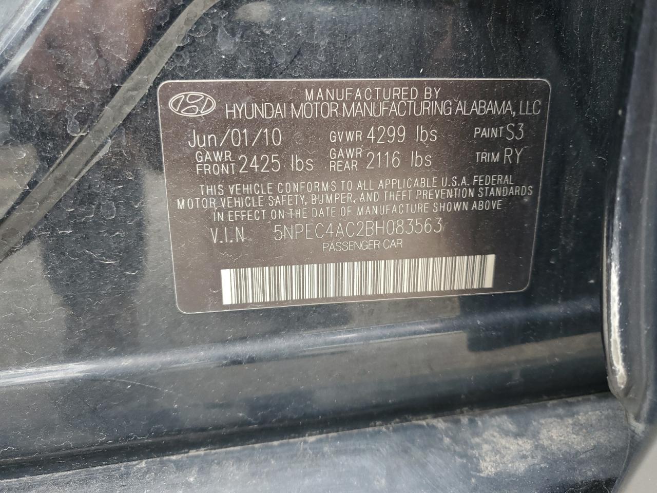 5NPEC4AC2BH083563 2011 Hyundai Sonata Se