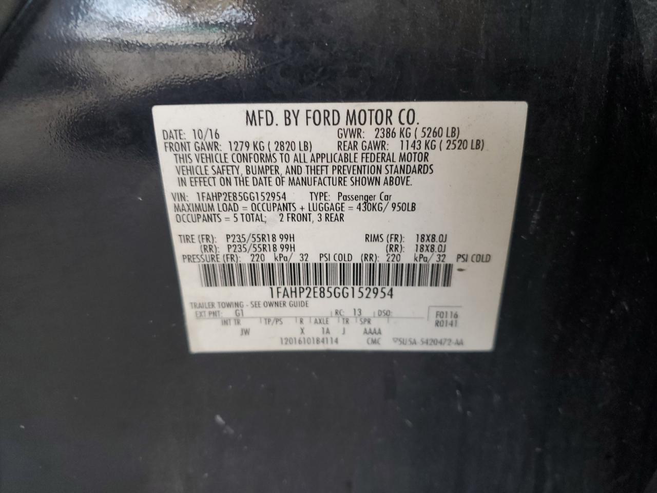 1FAHP2E85GG152954 2016 Ford Taurus Sel