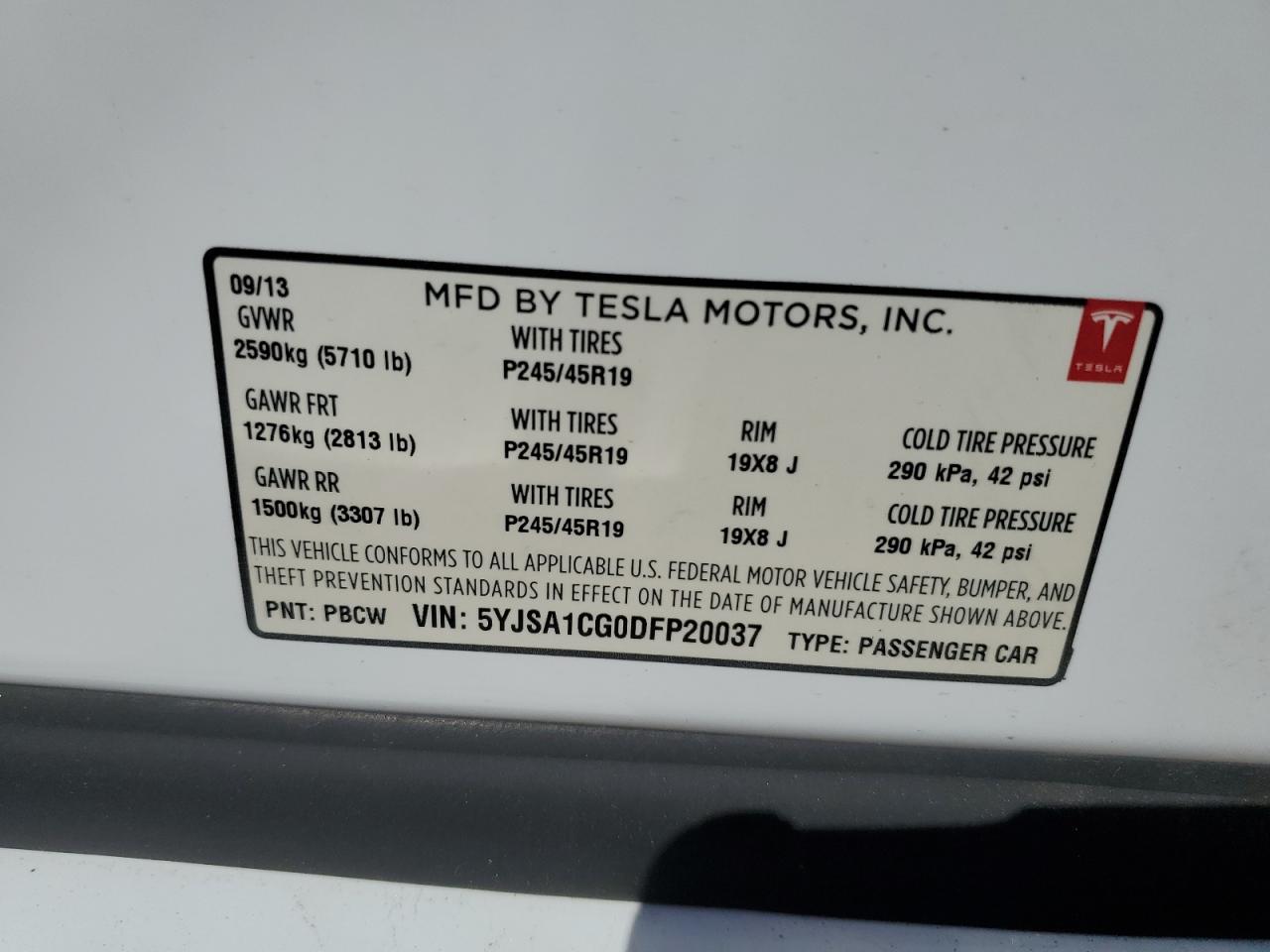 2013 Tesla Model S VIN: 5YJSA1CG0DFP20037 Lot: 69897084