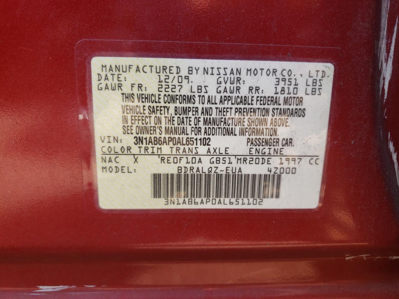 3N1AB6AP0AL651102 2010 Nissan Sentra 2.0