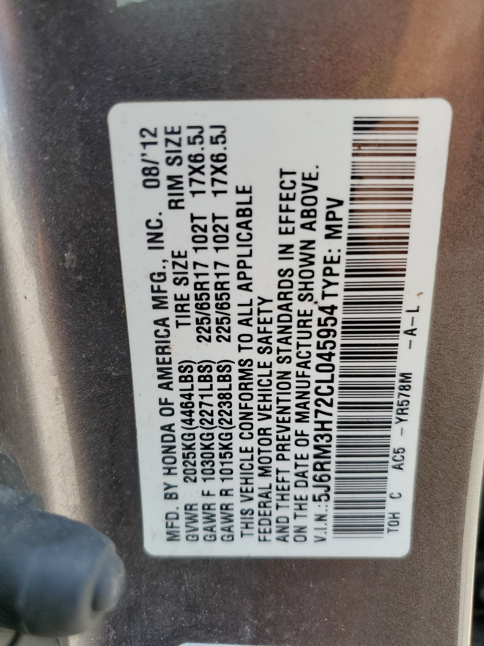 5J6RM3H72CL045954 2012 Honda Cr-V Exl