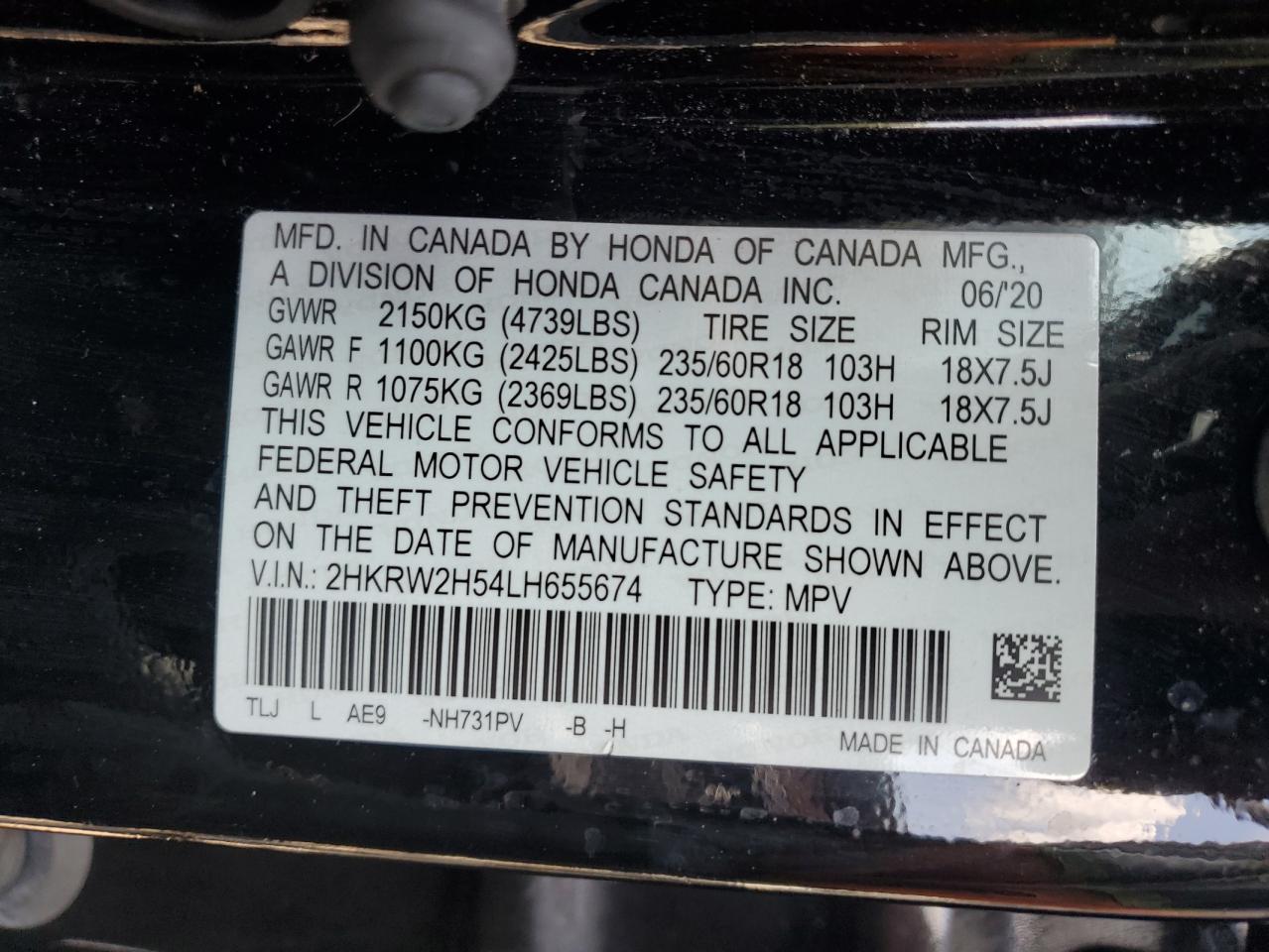 2020 Honda Cr-V Ex VIN: 2HKRW2H54LH655674 Lot: 65782474