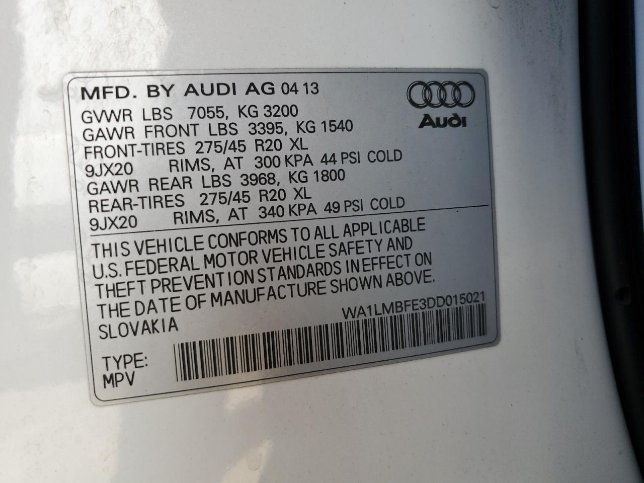 2013 Audi Q7 Premium Plus VIN: WA1LMBFE3DD015021 Lot: 66894464