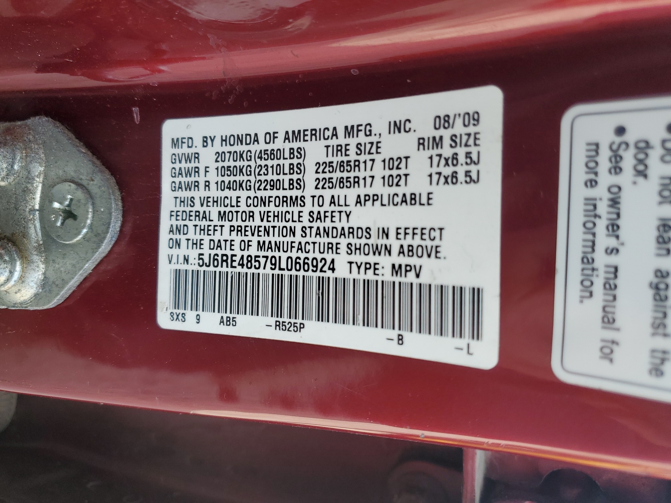 5J6RE48579L066924 2009 Honda Cr-V Ex