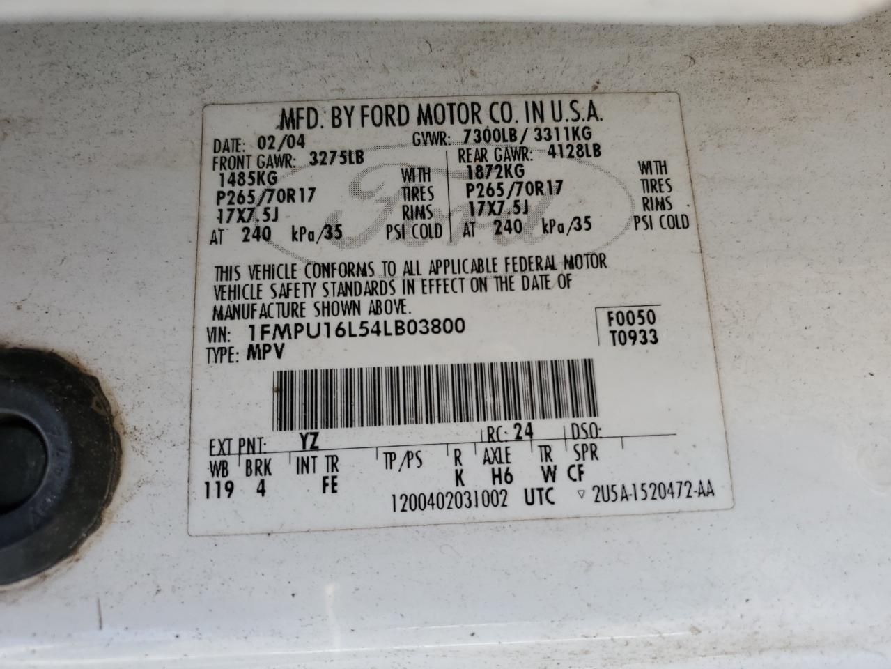 2004 Ford Expedition Xlt VIN: 1FMPU16L54LB03800 Lot: 66979024