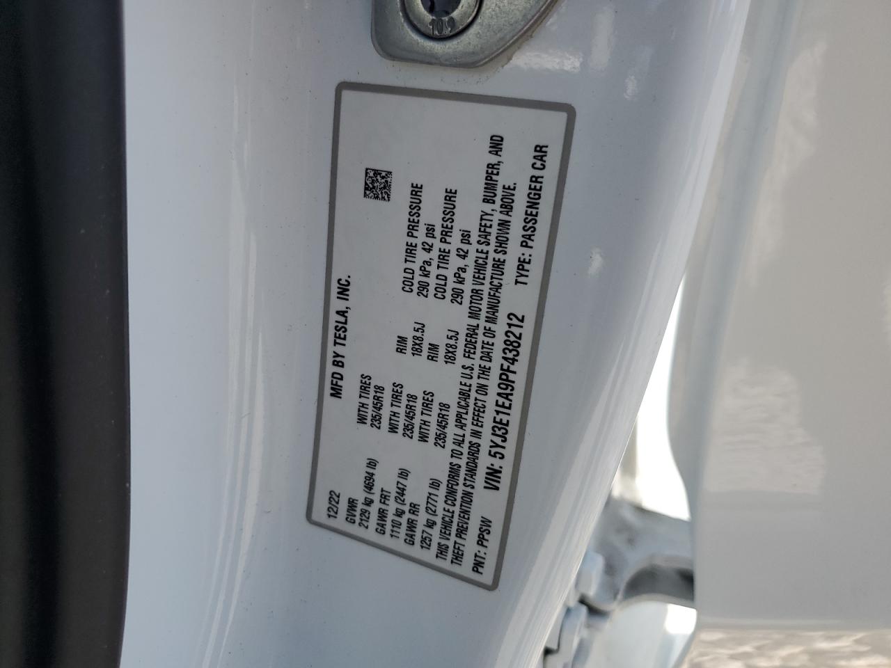 5YJ3E1EA9PF438212 2023 Tesla Model 3