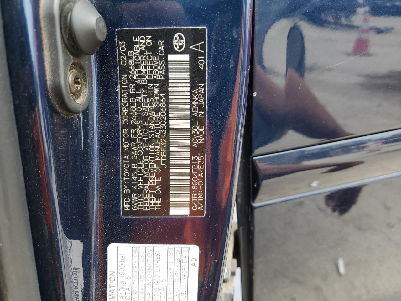 2003 Toyota Camry Le VIN: JTDBE32K330206864 Lot: 66230244