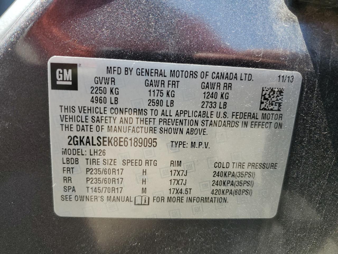 2014 GMC Terrain Slt VIN: 2GKALSEK8E6189095 Lot: 66671814