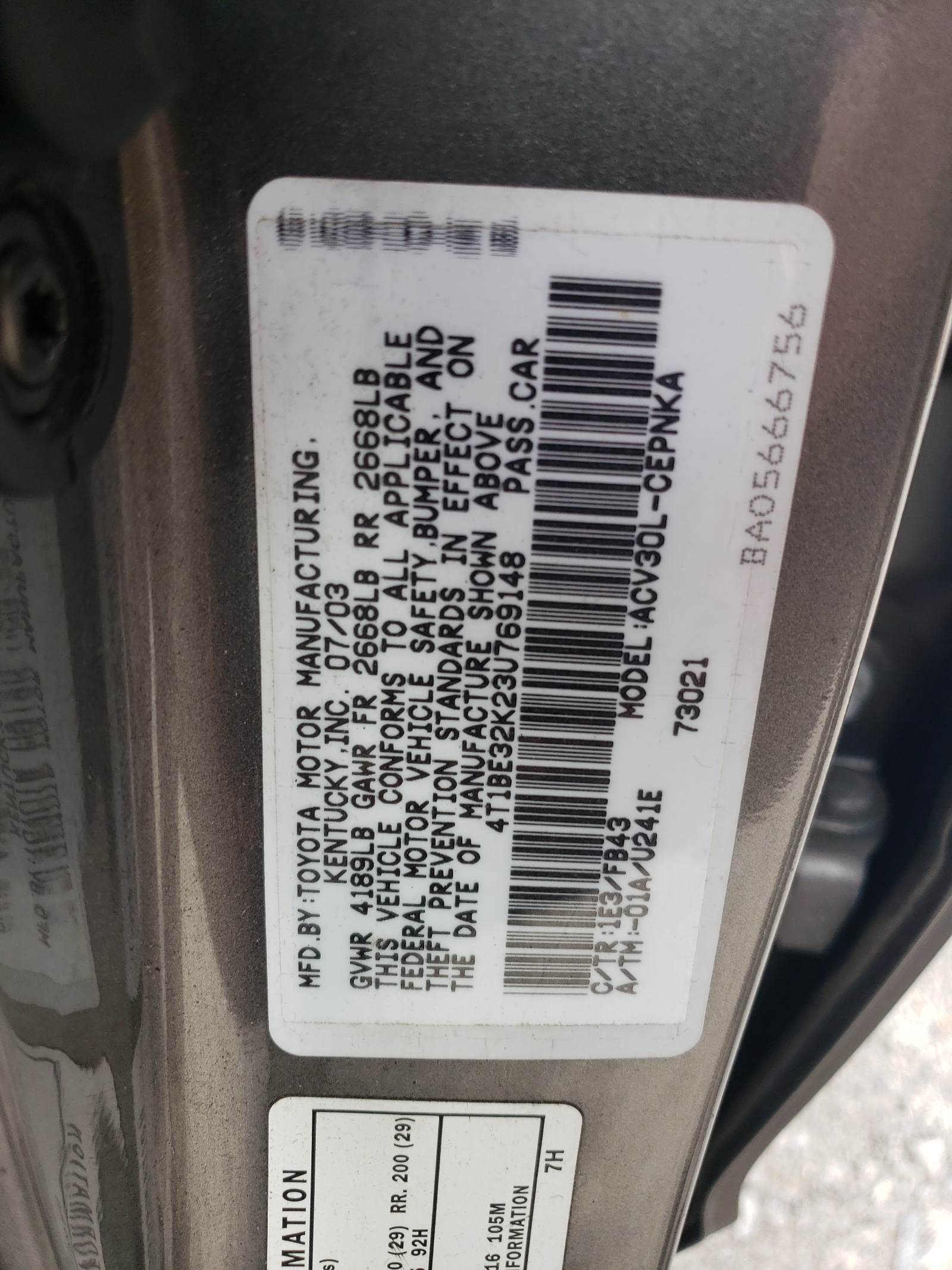 4T1BE32K23U769148 2003 Toyota Camry Le