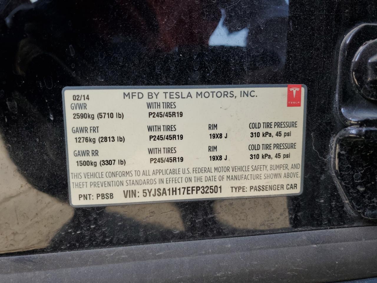 2014 Tesla Model S VIN: 5YJSA1H17EFP32501 Lot: 68645304