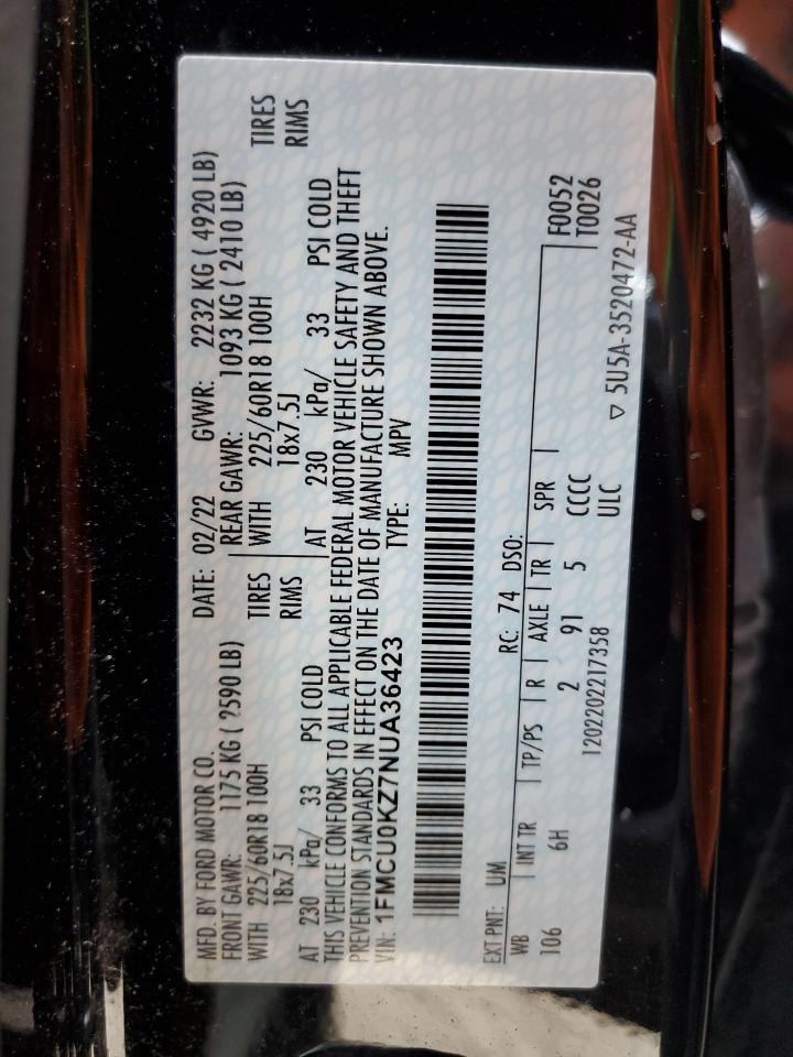 2022 Ford Escape Sel VIN: 1FMCU0KZ7NUA36423 Lot: 65993044