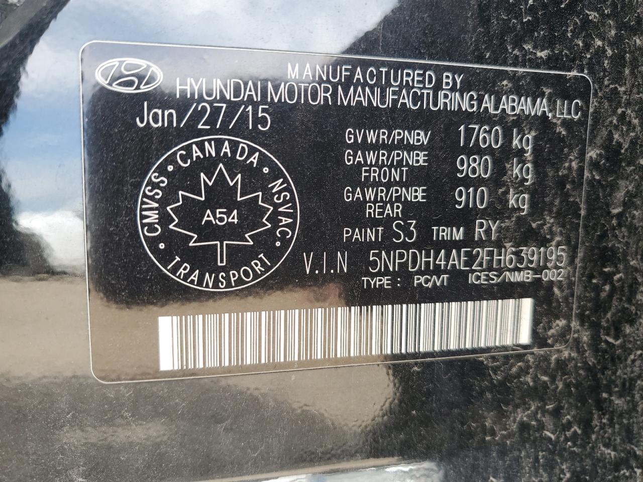 2015 Hyundai Elantra Se VIN: 5NPDH4AE2FH639195 Lot: 66182114