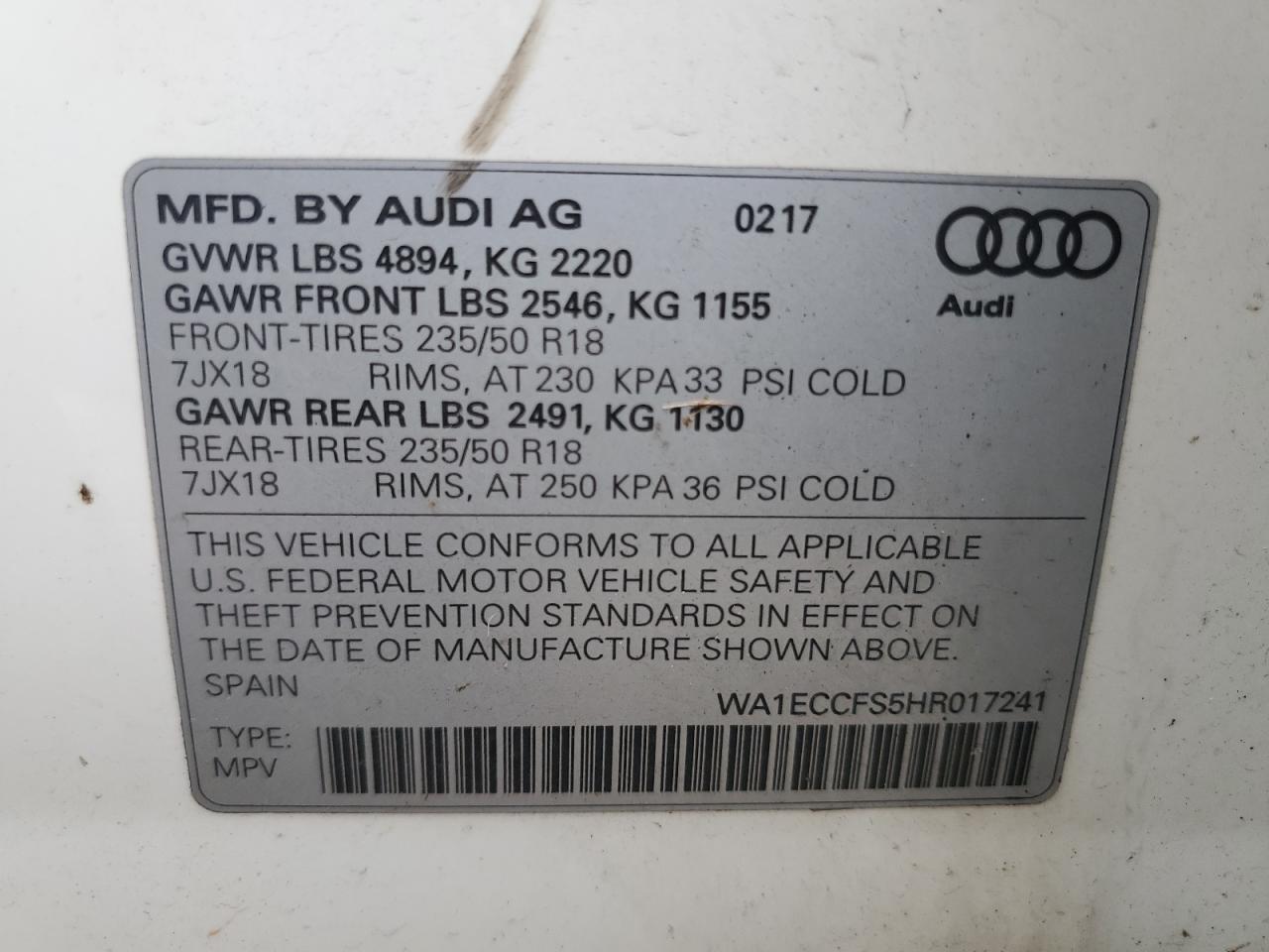 WA1ECCFS5HR017241 2017 Audi Q3 Premium