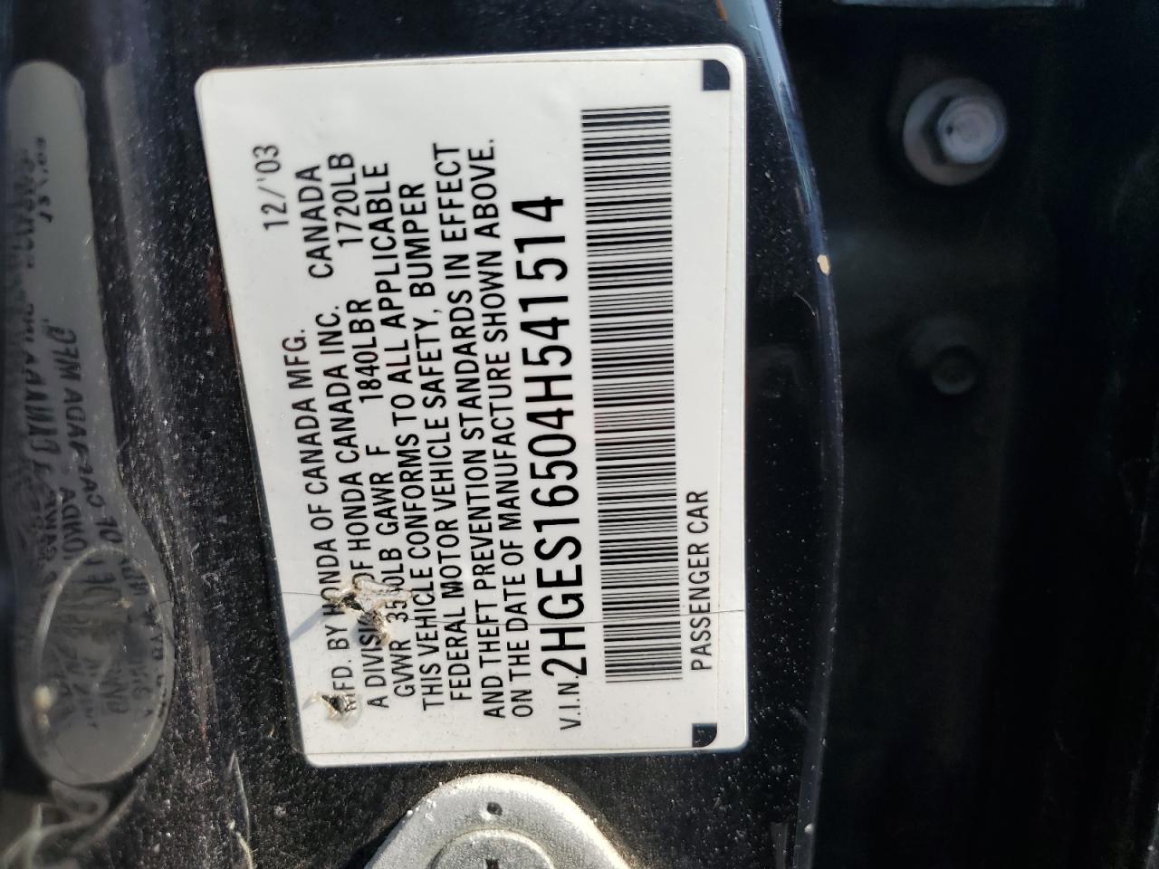 2004 Honda Civic Lx VIN: 2HGES16504H541514 Lot: 65738554