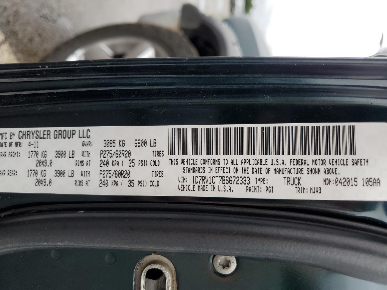 2011 Dodge Ram 1500 VIN: 1D7RV1CT7BS672333 Lot: 66458074