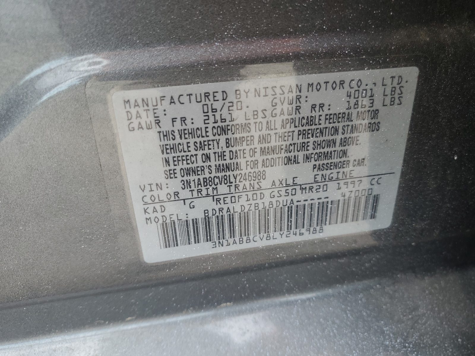 3N1AB8CV8LY246988 2020 Nissan Sentra Sv