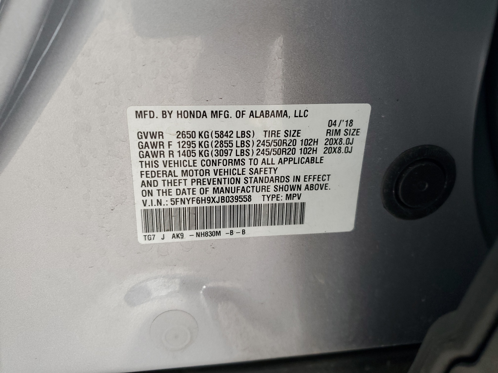 5FNYF6H9XJB039558 2018 Honda Pilot Touring