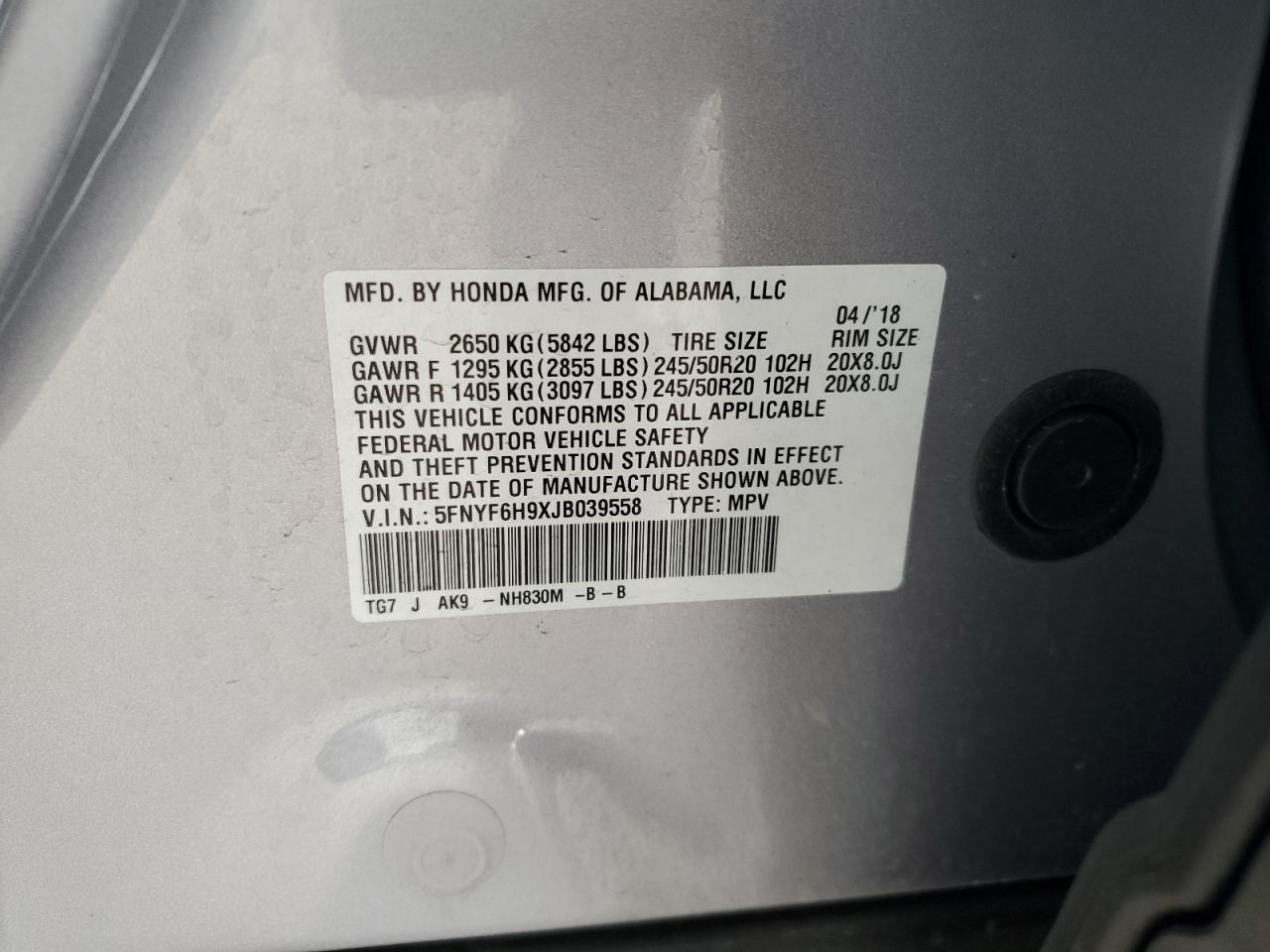 2018 Honda Pilot Touring VIN: 5FNYF6H9XJB039558 Lot: 65469604