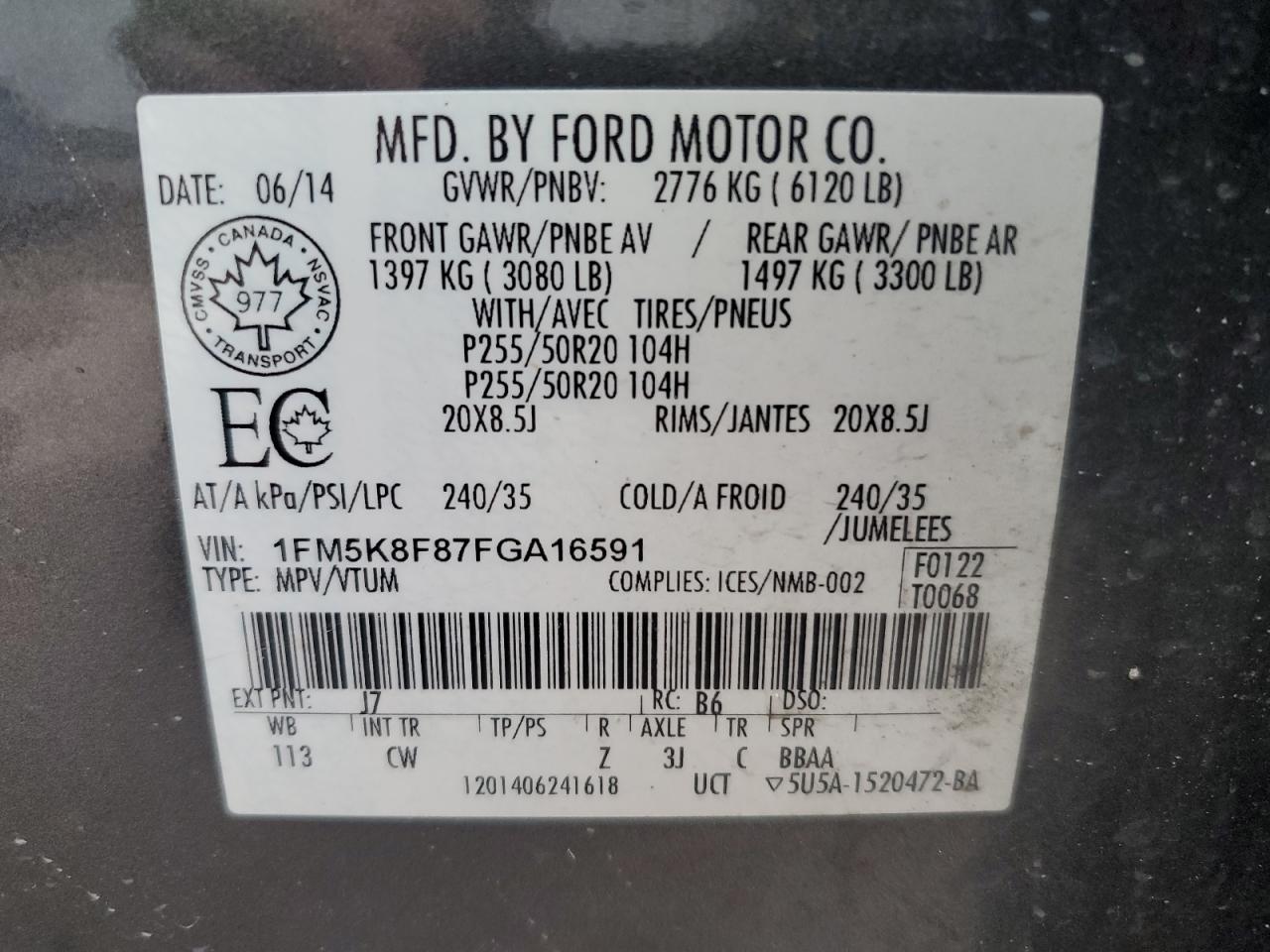 1FM5K8F87FGA16591 2015 Ford Explorer Limited