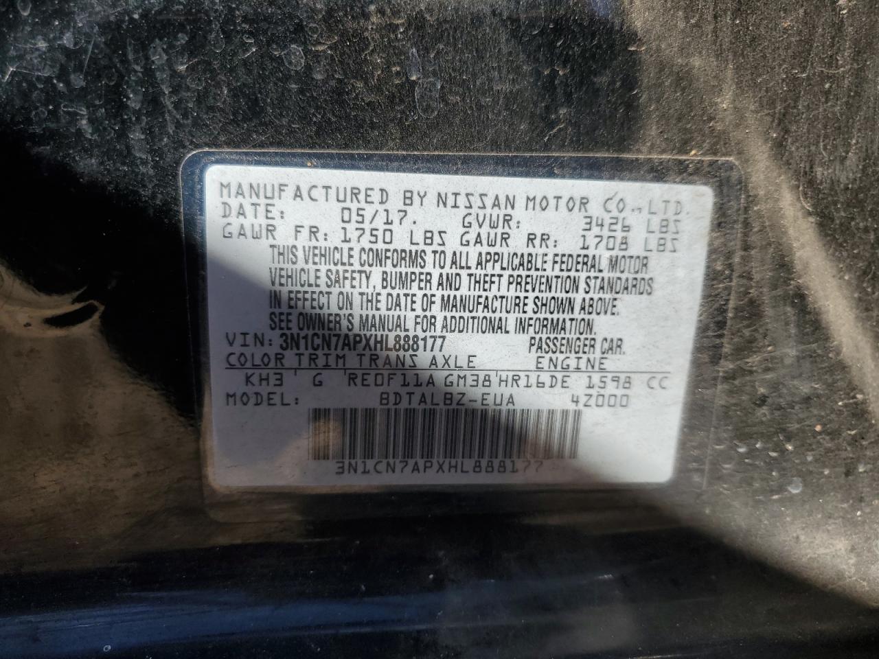 2017 Nissan Versa S VIN: 3N1CN7APXHL888177 Lot: 66354124