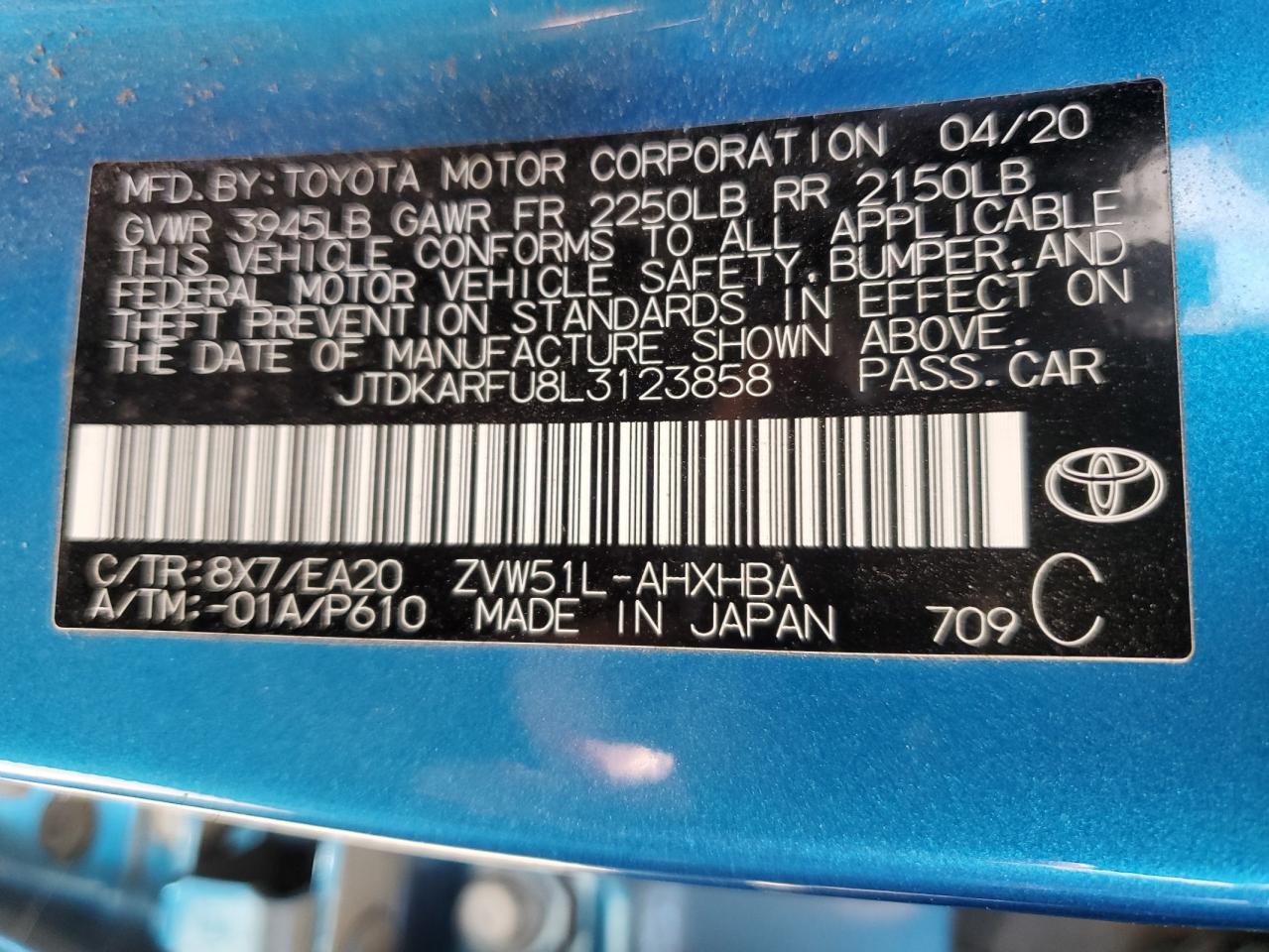 2020 Toyota Prius L VIN: JTDKARFU8L3123858 Lot: 67419844