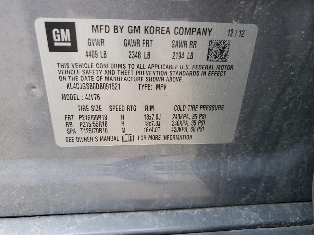 2013 Buick Encore VIN: KL4CJGSB0DB091521 Lot: 66732384