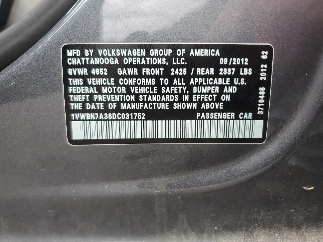 2013 Volkswagen Passat Se VIN: 1VWBN7A36DC031752 Lot: 66020904