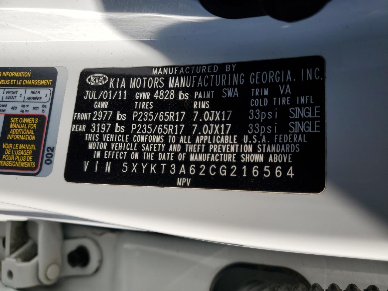 2012 Kia Sorento Base VIN: 5XYKT3A62CG216564 Lot: 67553734