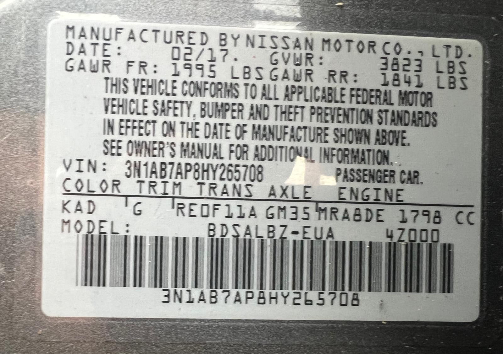 3N1AB7APBHY265708 2017 Nissan Sentra S