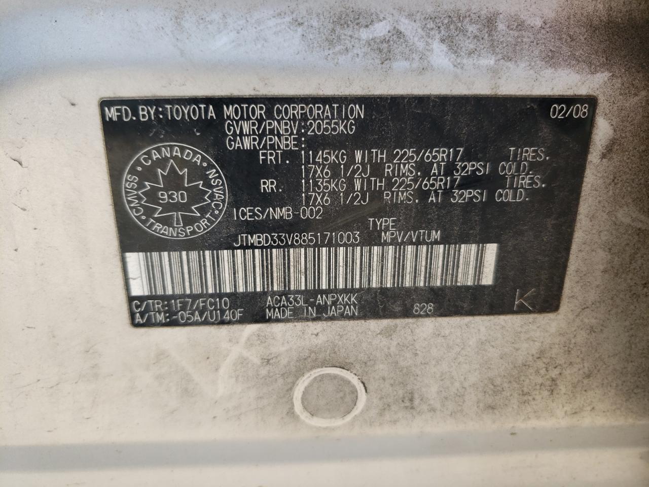 2008 Toyota Rav4 VIN: JTMBD33V885171003 Lot: 65398064